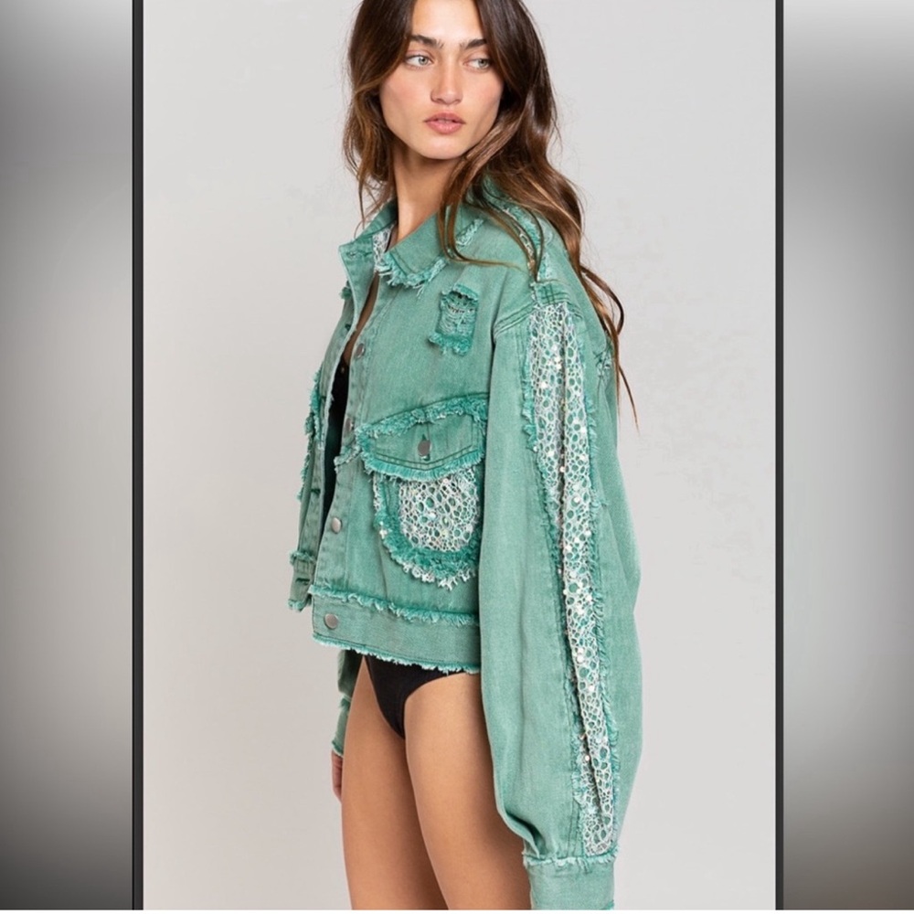 POL Sequin Lace Cropped Denim Jacket - Picture 4 of 6